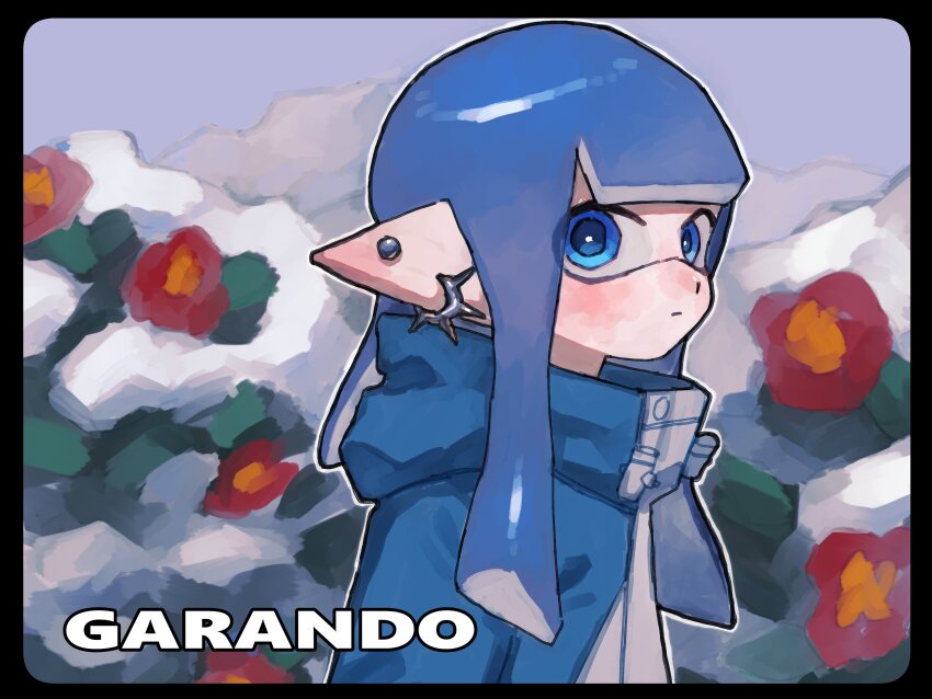 1girl absurdres black_border blue_coat blue_eyes blue_hair border closed_mouth coat commentary_request ear_piercing earrings highres inkling inkling_girl inkling_player_character jewelry long_hair looking_at_viewer nintendo outdoors piercing pointy_ears shiratoripica solo splatoon_(series) splatoon_3 tentacle_hair winter