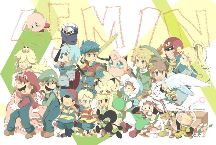 3girls 6+boys backpack bad_id bad_pixiv_id bag black_eyes black_hair blonde_hair blue_eyes blue_hair blue_pikmin bracer brown_hair cape captain_falcon crown earrings f-zero facial_hair fire_emblem fire_emblem:_mystery_of_the_emblem fire_emblem:_path_of_radiance gen_1_pokemon gen_2_pokemon gloves grin hat headband helmet hood ice_climber ice_climbers ike_(fire_emblem) jewelry jigglypuff kid_icarus kirby kirby_(series) link long_hair lucas_(mother_3) luigi mario mario_(series) marth_(fire_emblem) mask meta_knight metal_gear_(series) metroid mother_(series) mother_2 mother_3 mr._game_&amp;_watch multiple_boys multiple_girls mustache nana_(ice_climber) ness_(mother_2) nintendo olimar overalls pichu pikmin_(series) pit_(kid_icarus) pointy_ears pokemon pokemon_(creature) ponytail popo_(ice_climber) popupopo princess_peach red_pikmin samus_aran scarf smile solid_snake super_smash_bros. sword the_legend_of_zelda the_legend_of_zelda:_the_wind_waker the_legend_of_zelda:_twilight_princess tiara toon_link weapon wings yellow_eyes yellow_pikmin yoshi
