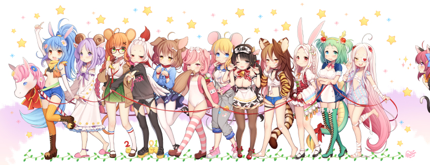 +_+ 10s 2014 6+girls absurdres animal_ears animal_print animal_print_panties baby_animal bird blush boar_(chinese_zodiac) boots braid breasts budget_sarashi byulzzi cat_ears cat_girl cat_tail chick chinese_zodiac cleavage cow_ears cow_girl cow_horns cow_tail cutoffs dog_(chinese_zodiac) dog_ears dog_girl dog_tail dragon_(chinese_zodiac) dragon_horns dragon_tail dress eyepatch goat_ears goat_horns gradient_hair heart highres hobby_horse horns horse_(chinese_zodiac) horse_ears horse_girl horse_tail lace-up_boots long_hair medium_breasts midriff monkey_(chinese_zodiac) monkey_ears monkey_tail mouse_ears mouse_tail multicolored_hair multiple_girls navel one-piece_swimsuit open_mouth original overalls ox_(chinese_zodiac) pantyhose pig_ears pig_girl pig_tail rabbit_(chinese_zodiac) rabbit_ears rat_(chinese_zodiac) rooster_(chinese_zodiac) sarashi sheep_(chinese_zodiac) short_hair short_shorts shorts signature small_breasts smile snake_(chinese_zodiac) star_(symbol) striped_legwear swimsuit tail tears thighhighs tiger_(chinese_zodiac) tiger_ears tiger_print tiger_tail twin_braids two-tone_hair underboob wings