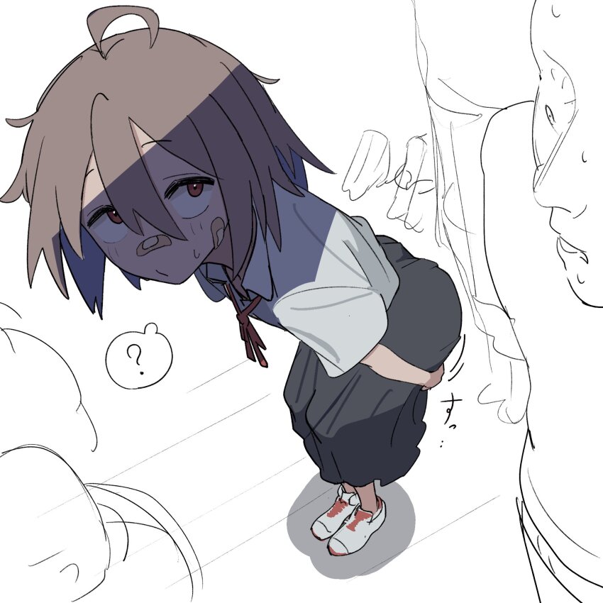 ? ahoge bandaid closed_mouth do_it_yourself!! hair_between_eyes highres masshutake school_uniform shirt shoes short_sleeves skirt solo sweat white_background white_shirt yua_serufu