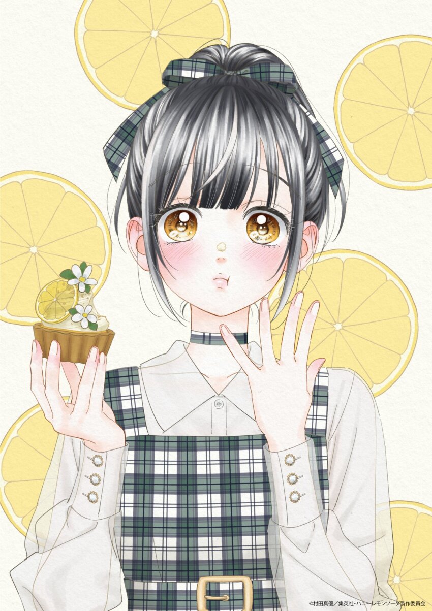 1girl beige_background black_hair blush closed_mouth eating female_focus flower food fruit hair_ribbon hand_up highres honey_lemon_soda ishimori_uka jewelry lemon lemon_background lemon_slice long_hair looking_at_viewer necklace official_art pancake ribbon shirt solo very_long_hair white_flower white_shirt yellow_eyes