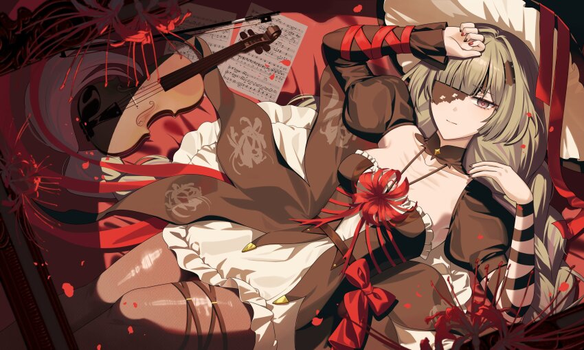 1girl absurdres aete alternate_costume arms_up black_dress black_pantyhose braid breasts closed_mouth commentary dress flower grey_eyes grey_hair halter_dress halterneck highres instrument looking_at_viewer low_twin_braids lying medium_breasts on_back one_eye_covered pantyhose phrolova_(wuthering_waves) revision skirt solo spider_lily symbol-only_commentary twin_braids violin white_skirt wuthering_waves