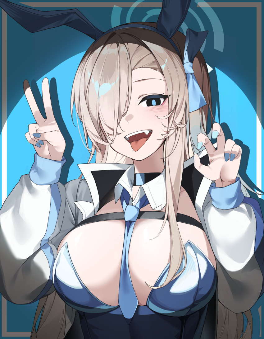 1girl absurdres alternate_costume animal_ears asuna_(blue_archive) asuna_(bunny)_(blue_archive) between_breasts black_eyes blue_archive blue_background blue_halo blue_necktie blue_pupils breasts brown_hair chest_harness commentary_request detached_collar fake_animal_ears hair_over_one_eye halo harness highres large_breasts long_hair long_sleeves looking_at_viewer necktie necktie_between_breasts one_eye_covered open_mouth paw_pose rabbit_ears siwa_(st_ekfrlfkep) smile solo spotlight teeth tongue tongue_out upper_teeth_only v