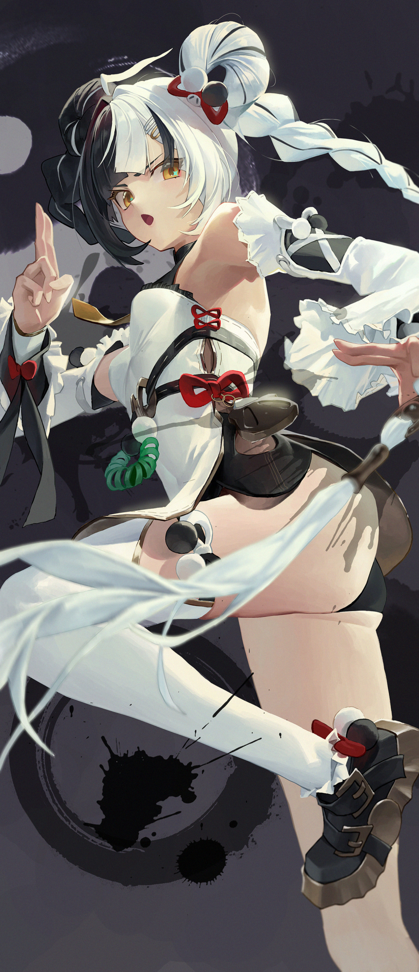 1girl absurdres ahoge armpits ass black_hair black_panties black_shoes blurry blurry_foreground braid braided_twintails breasts china_dress chinese_clothes commentary dark_background detached_sleeves dialyn_(zenless_zone_zero) double_bun dress english_commentary from_side hair_bun hair_extensions hair_intakes hair_ornament hairclip hand_up highres ink leg_up long_hair looking_back looking_to_the_side momo_(2240807) multicolored_hair necktie open_mouth panda_hair_ornament panties pelvic_curtain ring_hair_extensions shoes small_breasts solo sparkling_eyes split-color_hair thighhighs underwear v-shaped_eyebrows white_dress white_hair white_thighhighs wire yellow_eyes yellow_necktie yin_yang zenless_zone_zero