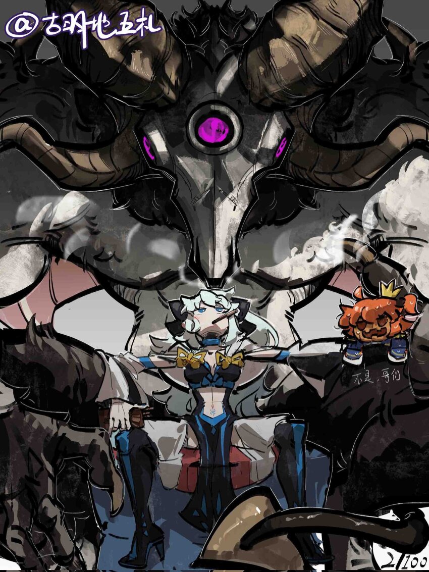 2girls black_bow blue_eyes bow crown fate/grand_order fate_(series) fujimaru_ritsuka_(female) hair_between_eyes hair_bow highres long_hair mini_crown mogukong_1238 morgan_le_fay_(fate) morgan_le_fay_(second_ascension)_(fate) multiple_girls orange_hair ponytail pumpkin short_hair sitting stomach_tattoo tattoo white_hair