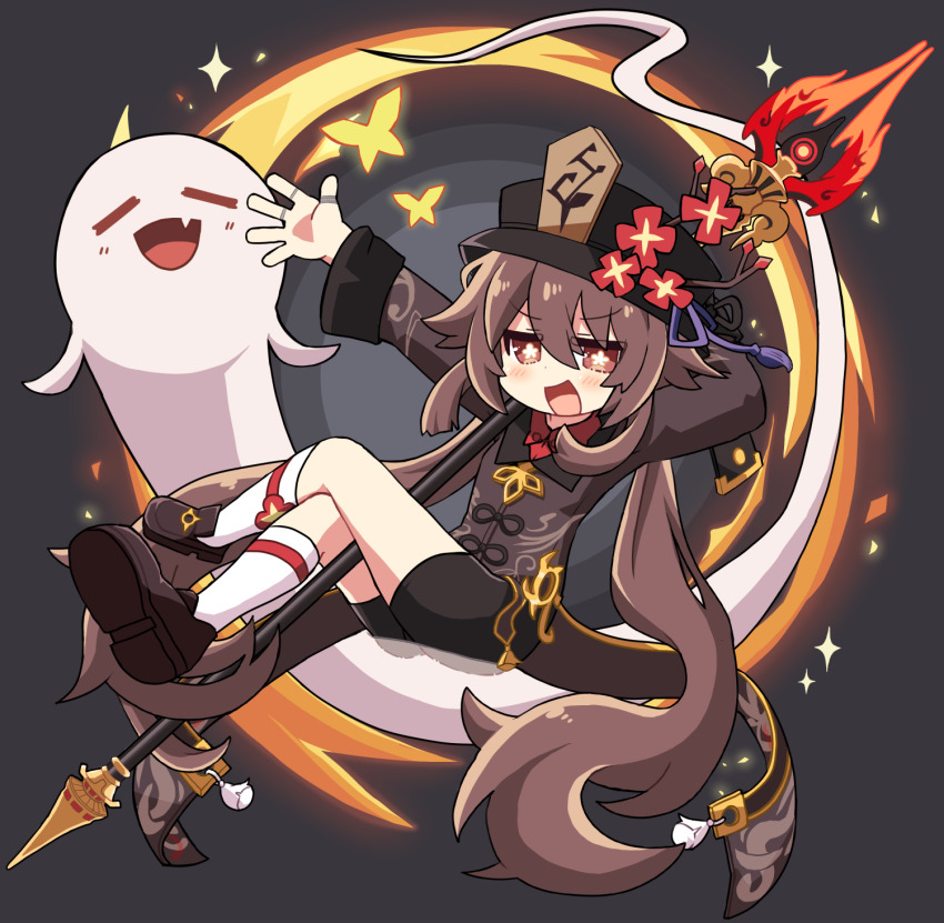 1girl :d arm_behind_back black_hat black_shorts blush bright_pupils brown_coat brown_footwear brown_hair bug butterfly coat coattails dokuta flower flower-shaped_pupils full_body genshin_impact ghost glowing_butterfly grey_background hair_between_eyes hand_up hat hat_flower hat_tassel highres hu_tao_(genshin_impact) insect jewelry kneehighs long_hair looking_at_viewer multiple_rings open_mouth orange_eyes polearm ring ring_of_fire shorts sitting smile socks solo staff_of_homa_(genshin_impact) symbol-shaped_pupils twintails weapon white_pupils white_socks