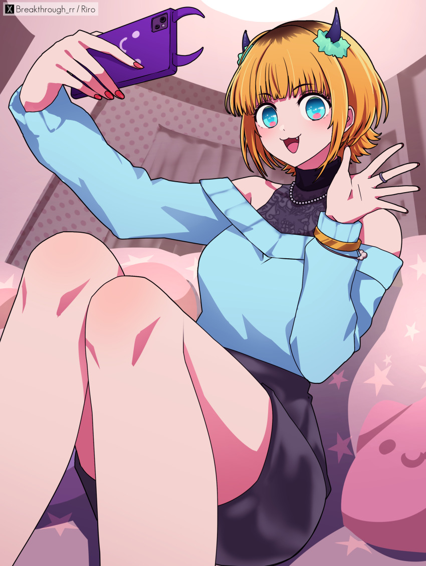 absurdres bead_necklace beads black_skirt blonde_hair blue_eyes blue_sweater cellphone commentary_request couch fake_horns fang highres holding holding_phone horns indoors jewelry mem-cho nail_polish necklace off-shoulder_sweater off_shoulder on_couch open_mouth oshi_no_ko phone red_nails riro_(breakthrough_rr) short_hair sitting skirt smartphone smile sweater twitter_username