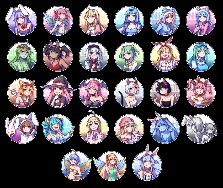 6+girls :&lt; :3 :d ;d absurdres ahoge animal_ear_fluff animal_ears aqua_eyes armlet aruraune_(rabi-ribi) ashuri_(rabi-ribi) bare_shoulders bat_wings black_choker black_hair blonde_hair blue_eyes blue_hair blue_skin blunt_bangs blush bow bracelet braid brown_eyes brown_hair capelet cat_ears cat_tail character_name chocolate_(rabi-ribi) choker cicini_(rabi-ribi) cloak cocoa_(rabi-ribi) colored_skin commentary crown_braid dark-skinned_female dark_skin detached_collar detached_sleeves dress drill_hair empty_eyes english_commentary erina_(rabi-ribi) everyone fairy_wings flower fox_ears frown goggles goggles_on_head green_eyes green_hair green_skin hair_bobbles hair_bow hair_flower hair_ornament hair_over_breasts hair_ribbon hairband hairclip hat head_wings headdress heart heart_hair_ornament highres hood hooded_cloak illusion_alius index_finger_raised irisu_(rabi-ribi) jewelry keke_bunny kotri_(rabi-ribi) lilith_(rabi-ribi) lilli_(rabi-ribi) long_hair looking_at_viewer miriam_(rabi-ribi) miru_(rabi-ribi) multiple_girls necklace nieve_(rabi-ribi) nixie_(rabi-ribi) noah_(rabi-ribi) ok_sign one_eye_closed open_mouth pandora_(rabi-ribi) parted_lips pink_eyes pink_hair pixie_(rabi-ribi) pointy_ears puffy_short_sleeves puffy_sleeves purple_eyes purple_hair rabbit_ears rabi-ribi red_bow red_choker red_eyes ribbon ribbon_(rabi-ribi) rita_(rabi-ribi) rumi_(rabi-ribi) saya_(rabi-ribi) seana_(rabi-ribi) short_hair short_sleeves smile speckticuls syaro_(rabi-ribi) tail transparent_background twin_drills twintails two_side_up v-shaped_eyebrows vanilla_(rabi-ribi) white_hair wing_hair_ornament wings witch_hat yellow_ribbon