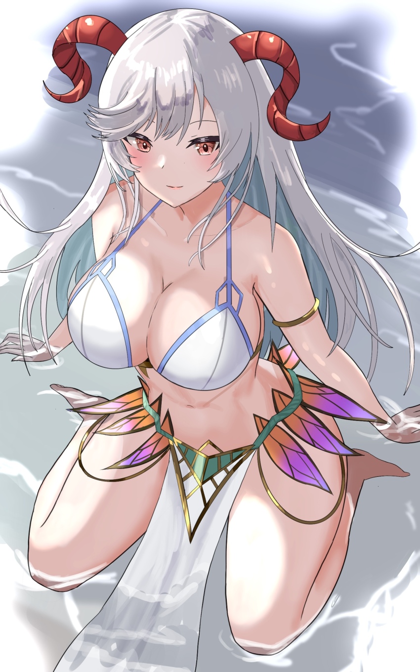 1girl absurdres armlet bikini breasts cleavage closed_mouth fire_emblem fire_emblem_heroes freyja_(fire_emblem) freyja_(summer)_(fire_emblem) goat_horns grey_hair highres horns jewelry large_breasts long_hair looking_at_viewer navel nintendo official_alternate_costume partially_submerged pelvic_curtain red_eyes seiza sitting smile solo swept_bangs swimsuit tarutaru193