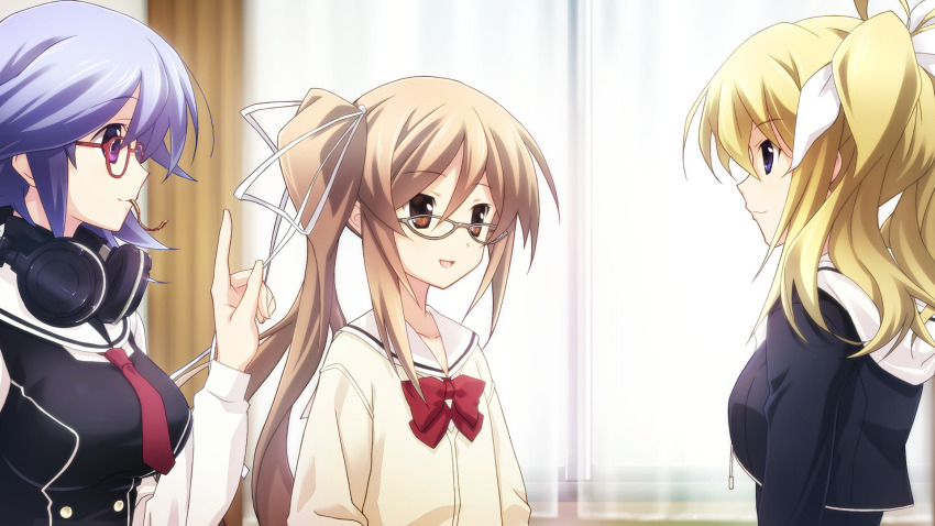 3girls arimura_hinae asymmetrical_sidelocks black_dress black_jacket black_trim black_vest blazer blonde_hair blurry blurry_background bow breasts brown_hair brown_jacket buttons chaos;child chest_bow closed_mouth collarbone cropped_jacket curtains double-breasted dress dress_vest ears_visible_through_hair flat_chest food_in_mouth from_side game_cg glasses hair_bow hand_up headphones headphones_around_neck hekiho_academy hekiho_academy_school_uniform highres hood ikayaki index_finger_raised indoors jacket kazuki_hana large_breasts long_sleeves looking_at_another medium_breasts multiple_girls multiple_hair_bows necktie non-web_source official_art one_side_up open_mouth red_bow red_necktie round_eyewear sailor_collar sailor_shirt sasaki_mutsumi shiny_lips shirt short_necktie smile tongue vest white_bow white_hood white_sailor_collar white_sleeves white_trim window yamazoe_uki