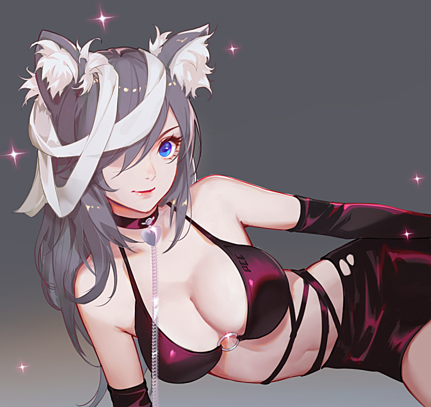 1girl animal_ear_fluff animal_ears bikini black_bikini black_choker black_skirt blue_eyes breasts chinese_commentary choker cleavage closed_mouth commentary_request detached_sleeves dog_ears dog_girl grey_background grey_hair hair_over_one_eye headwrap large_breasts leash long_hair long_sleeves looking_at_viewer lying navel o-ring o-ring_bikini on_side original qc_pan simple_background skirt smile solo sparkle_background swimsuit