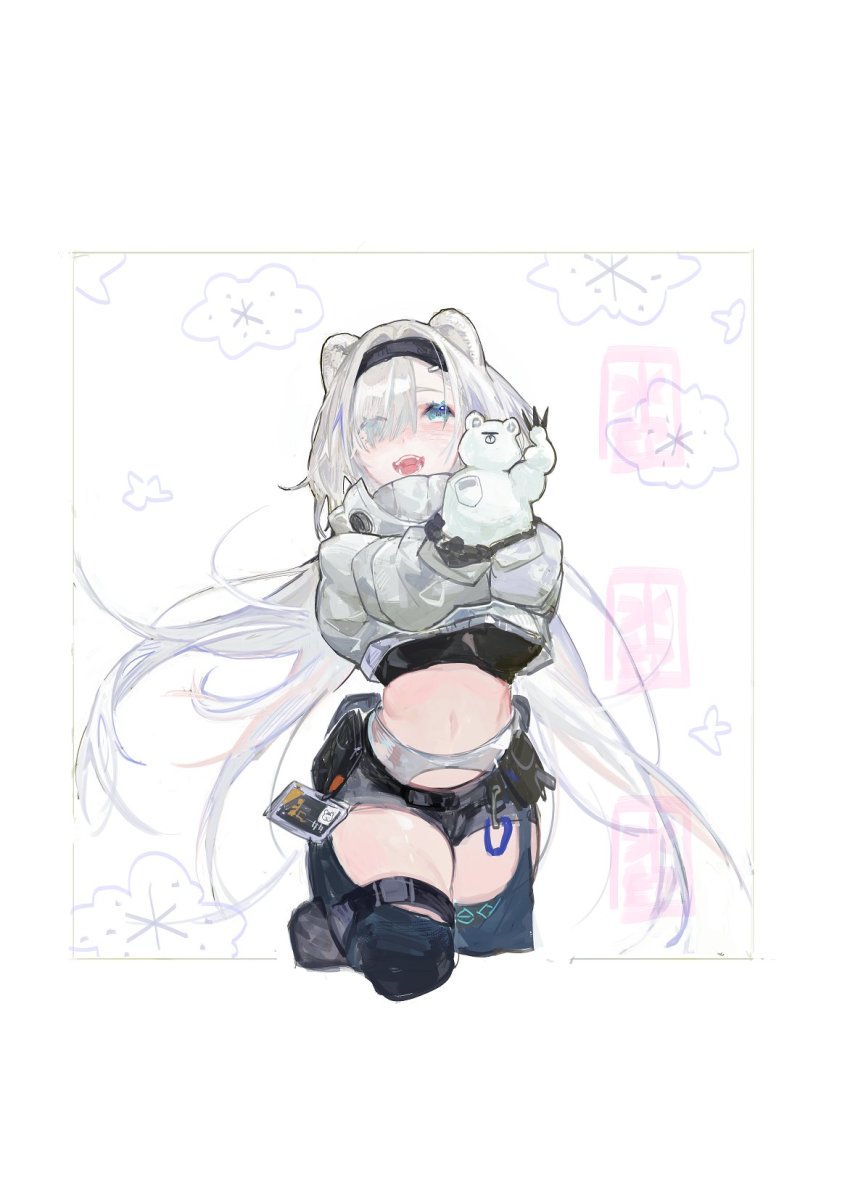 1girl :d animal_ears arknights aurora_(arknights) bear_ears belt belt_pouch black_gloves black_hairband black_shorts black_thighhighs blue_eyes blush breasts crop_top cropped_legs eyes_visible_through_hair gloves hair_over_one_eye hairband high_collar highres holding infection_monitor_(arknights) jewelry large_breasts long_hair long_sleeves looking_at_viewer navel open_mouth outstretched_arms pipidan pouch short_shorts shorts smile snow_sculpture solo sports_bra stomach thighhighs thighlet very_long_hair white_background white_hair