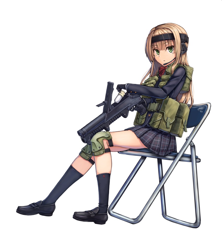 43x30mm ammunition bad_id bad_pixiv_id blonde_hair chair dreadtie explosive gloves gm-94 green_eyes grenade grenade_cartridge grenade_launcher headset highres knee_pads long_hair looking_at_viewer low_bore_axis_grenade_launcher miniskirt pleated_skirt pump-action_grenade_launcher pump_action simple_background skirt solo vest weapon white_background