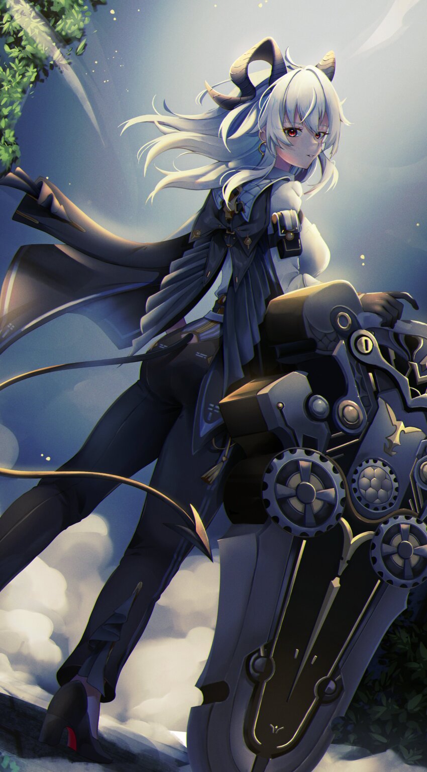 1girl absurdres arm_pouch ass black_horns black_jacket black_pants black_pouch black_shoes black_tail breasts chromatic_aberration commentary curled_horns cyan_paint demon_tail earrings english_commentary from_behind grey_hair high_heels highres horns jacket jacket_on_shoulders jewelry key_earrings large_breasts long_hair looking_at_viewer looking_back pants parted_lips red_eyes shield shirt shoes solo tail tight_clothes tight_pants white_shirt wuthering_waves zani_(wuthering_waves)