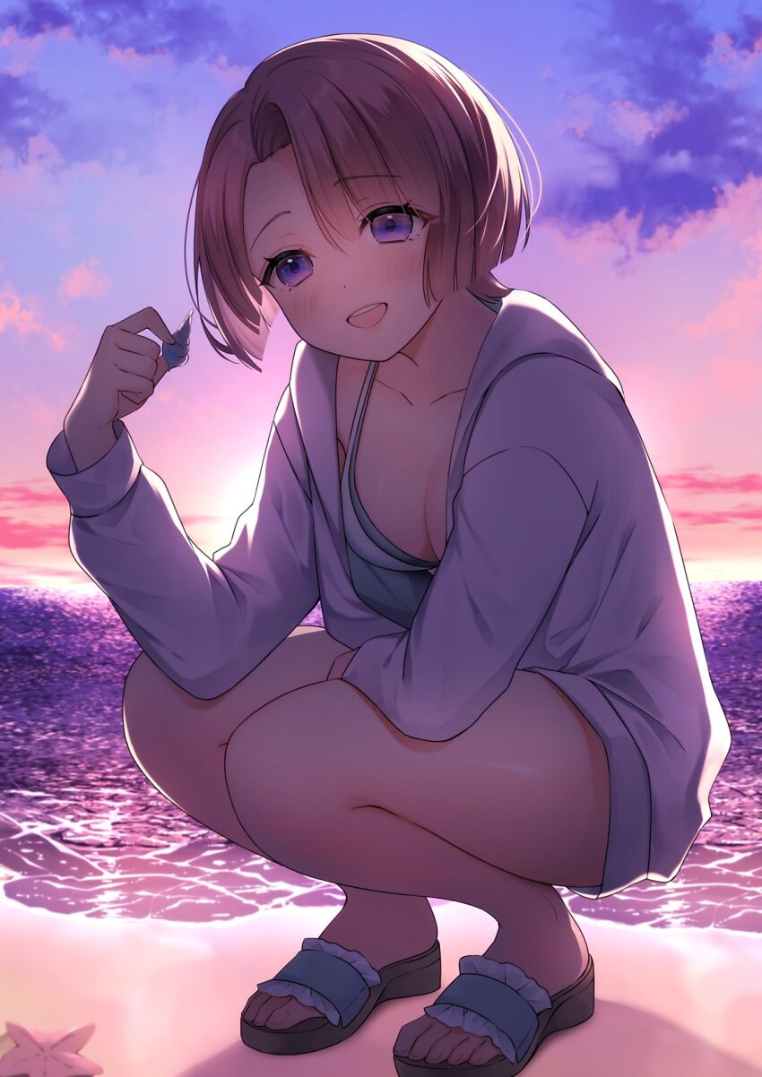 1girl arimura_mao asymmetrical_bangs backlighting beach bikini blush breasts cleavage collarbone dot_nose elbow_on_knee full_body gakuen_idolmaster gradient_sky hair_over_one_eye hand_up haruhitooo highres holding holding_shell hood hood_down hoodie horizon idolmaster kimi_to_semi_blue_(idolmaster) large_breasts long_sleeves looking_at_viewer ocean open_mouth outdoors pink_hair purple_eyes sandals shell short_hair sky smile solo squatting starfish swimsuit teeth toenails toes upper_teeth_only white_bikini white_hoodie
