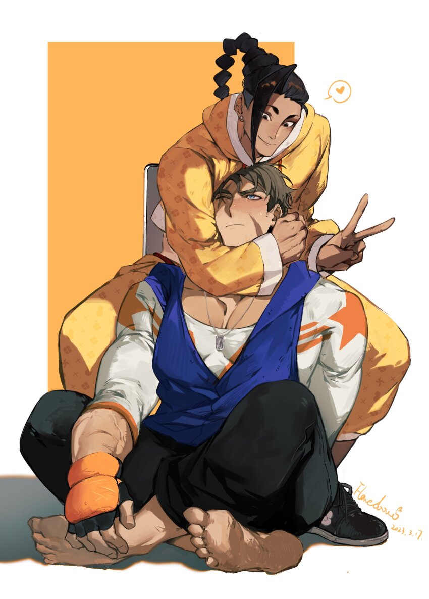 2boys :/ arm_around_neck barefoot black_hair black_pants black_shoes blue_eyes blue_hoodie blush braid brown_eyes brown_hair closed_mouth dark-skinned_male dark_skin earrings facial_scar fingerless_gloves flavedochen full_body gloves heart highres hood hood_down hoodie indian_style jacket jamie_siu jewelry long_sleeves looking_at_another looking_up luke_sullivan male_focus mma_gloves multicolored_hair multiple_boys multiple_scars one_eye_closed pants partially_unzipped piercing print_shirt scar scar_across_eye scar_on_cheek scar_on_face shirt shoelaces shoes short_sideburns short_sleeves single_bang single_braid sitting sleeveless sleeveless_hoodie smile sneakers spoken_heart squatting street_fighter street_fighter_6 stud_earrings sweatdrop t-shirt two-tone_hair v white_trim yellow_jacket yellow_pants