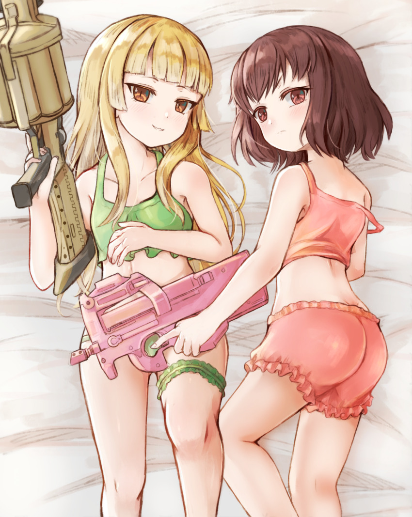 2girls bare_arms bare_shoulders bed_sheet blonde_hair breasts brown_eyes brown_hair bullpup camisole closed_mouth collarbone commentary crop_top english_commentary feet_out_of_frame frilled_shorts frills fukaziroh_(sao) green_camisole green_panties grenade_launcher gun highres hikari_niji holding holding_gun holding_weapon llenn_(sao) long_hair lying milkor_mgl multiple_girls on_back on_side p90 panties personal_defense_weapon pink_camisole pink_shorts revolver_grenade_launcher semi-automatic_grenade_launcher shorts small_breasts smile submachine_gun sword_art_online sword_art_online_alternative:_gun_gale_online trigger_discipline underwear underwear_only very_long_hair weapon