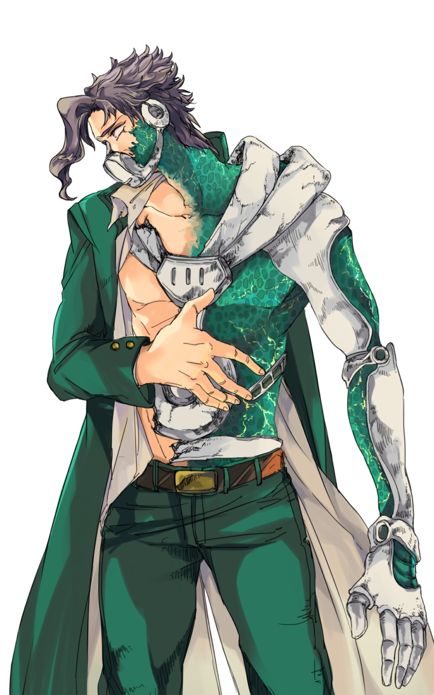 1boy fusion gakuran goro_nyanko grey_hair hierophant_green highres jojo_no_kimyou_na_bouken kakyoin_noriaki male_focus mask school_uniform solo stand_(jojo)