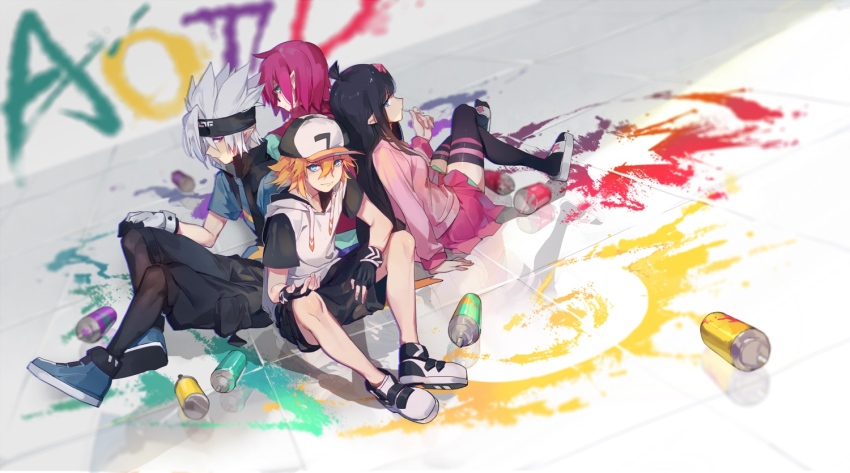 1girl 3boys aotu_world back-to-back backwards_hat baseball_cap black_gloves black_hair black_jacket black_pants black_shirt black_shorts blonde_hair blue_eyes blurry bokyo boots can closed_mouth depth_of_field fingerless_gloves full_body gloves graffiti grey_(aotu_world) hair_between_eyes hat headband hood hood_down hoodie jacket jewelry kaili_(aotu_world) king_(aotu_world) long_hair long_sleeves looking_at_viewer multiple_boys paint paint_splatter pants pantyhose phantom.s pink_skirt pleated_skirt profile red_hair shirt shoes short_hair short_sleeves shorts sitting skirt smile sneakers spiked_hair spray_can sweater thighhighs very_long_hair white_gloves white_hair white_hat white_shoes