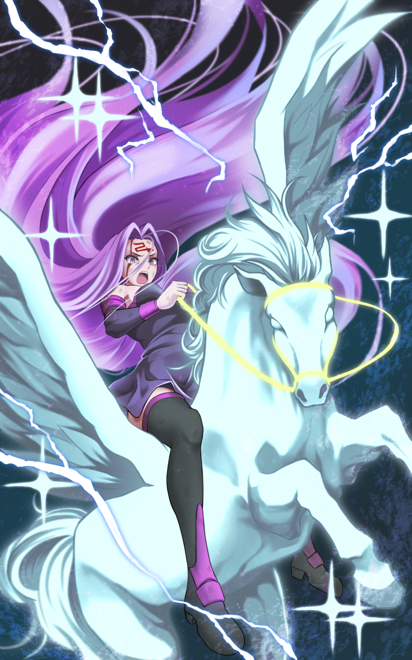 1girl absurdres blood blood_on_face facial_mark fate/stay_night fate_(series) forehead forehead_mark highres kuremon long_hair medusa_(fate) medusa_(rider)_(fate) pegasus purple_eyes purple_hair very_long_hair