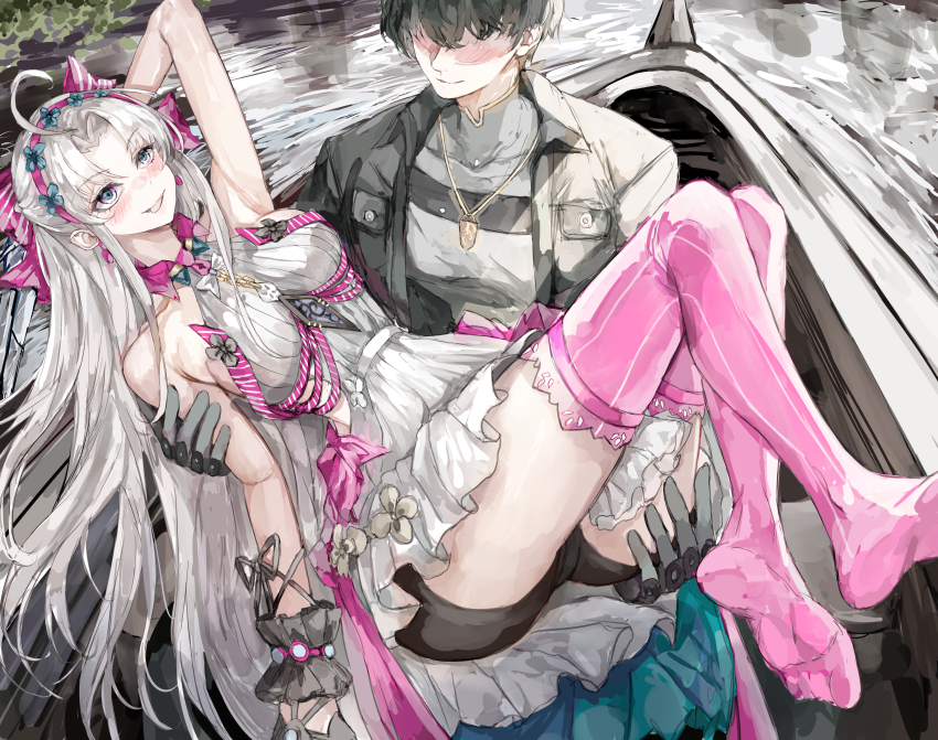 1boy 1girl absurdres ahoge antenna_hair black_gloves black_hair black_jacket blush boat carlotta_(wuthering_waves) carrying dress gloves gold_necklace grey_shirt highres jacket jewelry light_blush light_smile male_rover_(wuthering_waves) necklace nui_gurumi pink_socks princess_carry river rover_(wuthering_waves) seductive_smile shirt smile socks water watercraft white_dress white_hair wuthering_waves