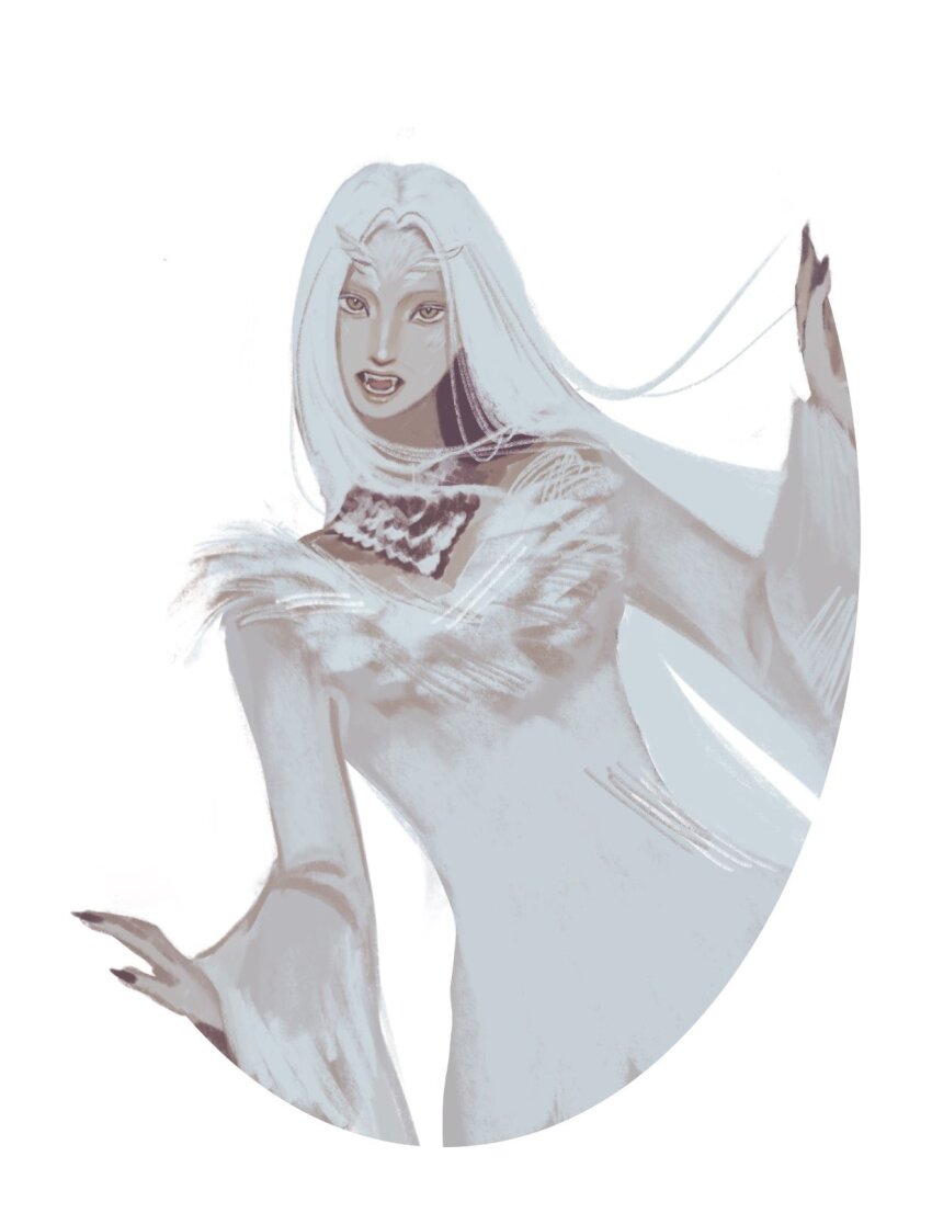 1girl cowboy_shot dark dark_souls_(series) dark_souls_i dragon_girl dress fangs highres long_hair long_sleeves open_mouth poopfart3939 priscilla_the_crossbreed solo white_dress white_hair yellow_eyes