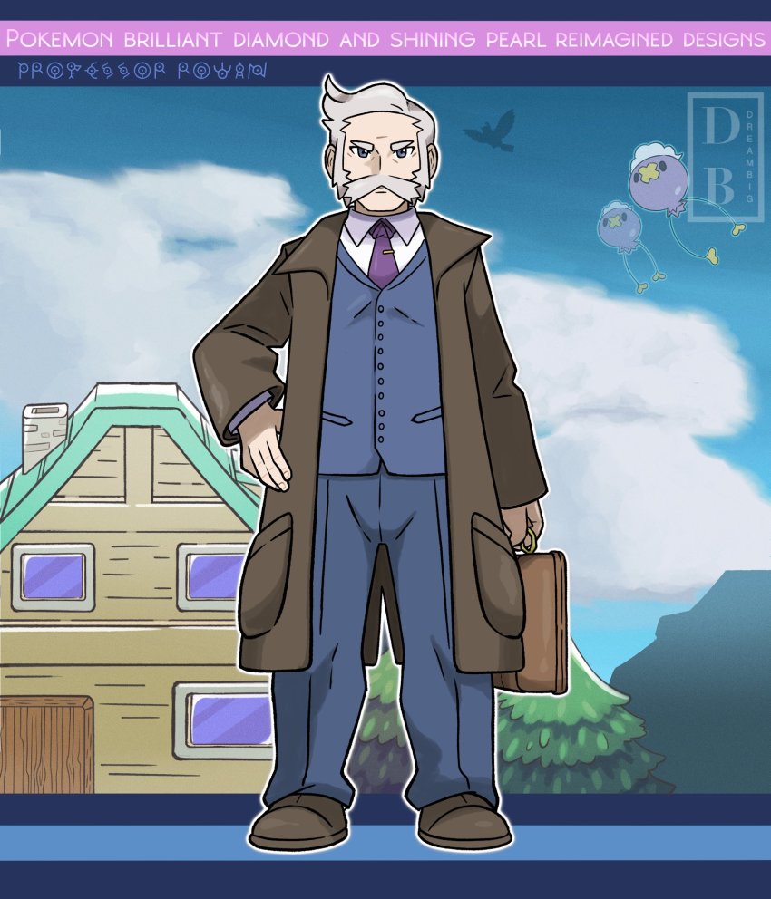 1boy blue_jacket blue_pants brown_bag brown_coat brown_footwear buttons closed_mouth coat collared_shirt copyright_name dreambig drifloon facial_hair gen_4_pokemon grey_eyes grey_hair hand_on_own_hip highres holding jacket long_sleeves looking_at_viewer male_focus mustache necktie nintendo open_clothes open_coat outline pants pokemon pokemon_(creature) pokemon_bdsp purple_necktie professor_rowan shirt shoes short_hair standing watermark white_shirt