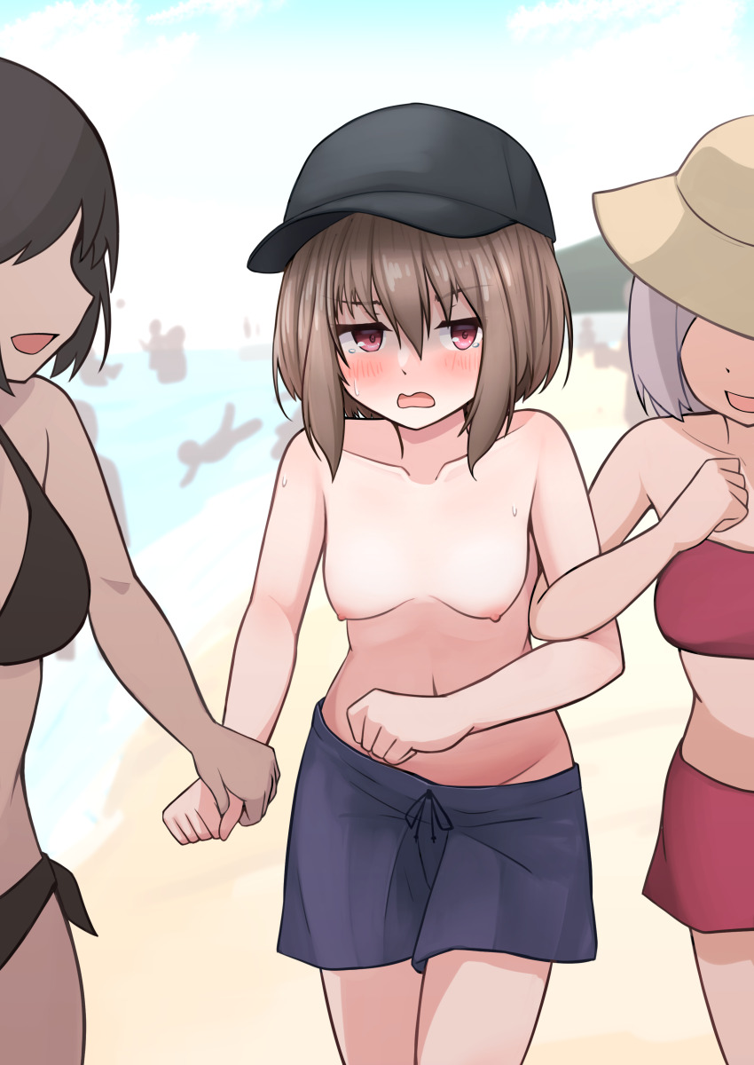 3girls absurdres baseball_cap beach bikini black_bikini black_hat blue_male_swimwear blue_swim_trunks blush breasts brown_hair collarbone commentary_request cowboy_shot crossdressing d: day embarrassed exhibitionism faceless faceless_female groin hair_between_eyes hat highres looking_to_the_side male_swimwear male_swimwear_challenge male_swimwear_pull medium_hair multiple_girls navel nipples open_mouth original outdoors peanut_mouth people public_indecency public_nudity raraserara red_bikini red_eyes small_breasts solo_focus sweatdrop swim_trunks swimsuit tearing_up topless_female v-shaped_eyebrows