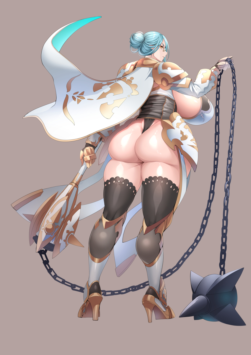 1girl aqua_hair armor armored_boots ass backboob backless_outfit ball_and_chain_(weapon) black_thighhighs boots breasts capelet chain commentary commentary_request full_body glasses gorget greaves hair_bun high_heels highres huge_breasts katisha_(kyonyuu_fantasy_burst) kyonyuu_fantasy kyonyuu_fantasy_burst looking_at_viewer looking_back pelvic_curtain remu_(kirieroido) shiny_skin shoulder_armor simple_background spikes standing thighhighs thong weapon white_capelet
