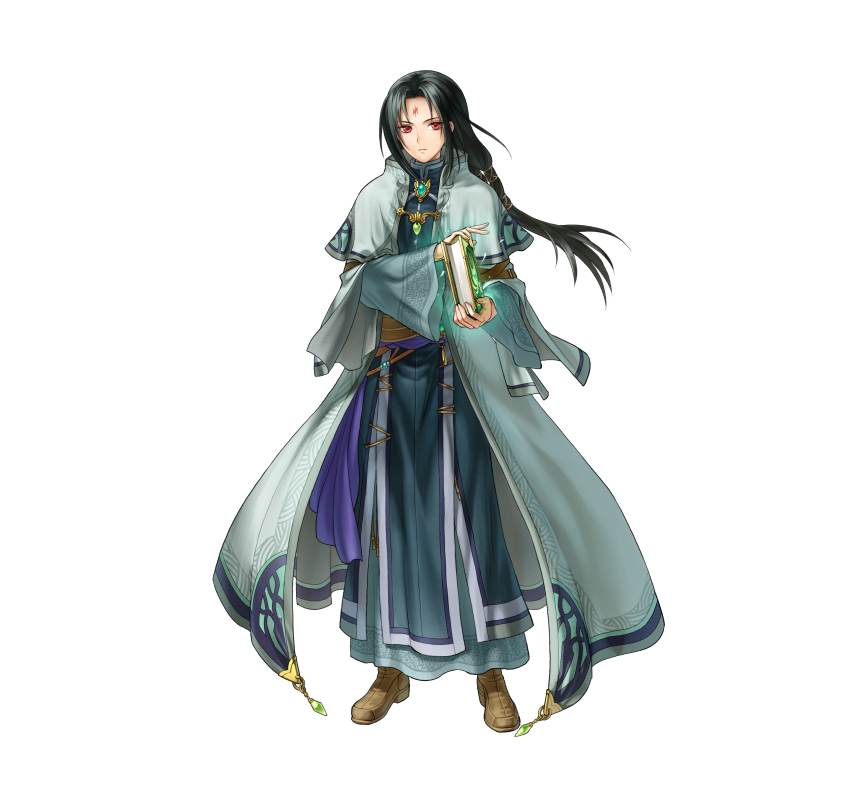 1boy absurdres black_hair book boots brooch brown_boots capelet coat commentary_request facial_mark fire_emblem fire_emblem:_radiant_dawn fire_emblem_heroes forehead_mark full_body gem green_gemstone highres holding holding_book jewelry kita_senri long_hair looking_at_viewer male_focus nintendo official_art red_eyes simple_background solo soren_(fire_emblem) soren_(radiant_confidant)_(fire_emblem) standing white_background