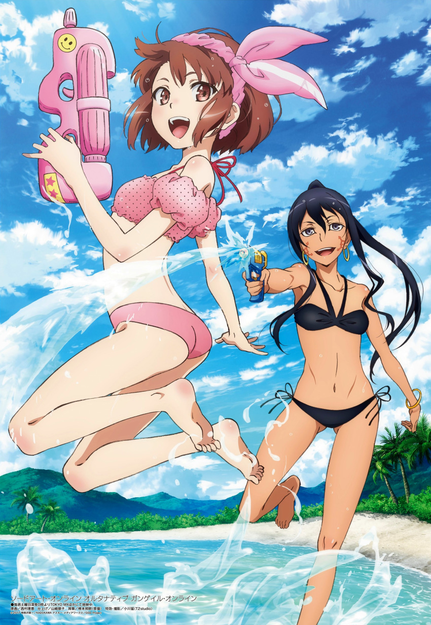 2girls :d absurdres aiming airborne armpits ass bare_shoulders barefoot bikini black_hair blue_sky blush body_blush bracelet breasts brown_eyes brown_hair bush cloud cloudy_sky collarbone dark-skinned_female dark_skin day earrings eyes_visible_through_hair feet gluteal_fold gold_bracelet gold_earrings grey_eyes gun hair_between_eyes hairband highres holding holding_gun holding_weapon jewelry jumping llenn_(sao) long_hair looking_at_another looking_at_viewer magazine_scan medium_breasts megami_magazine mountain multiple_girls navel nishimura_rie official_art open_hand open_mouth outdoors p-chan_(p90) palm_tree pink_bikini pink_hairband pinky_out pitohui_(sao) polka_dot polka_dot_bikini polka_dot_bikini_top ponytail round_teeth running sand scan shore short_hair side-tie_bikini_bottom sky small_breasts smile soles swimsuit sword_art_online sword_art_online_alternative:_gun_gale_online tattoo teeth toes tongue tree water water_gun weapon