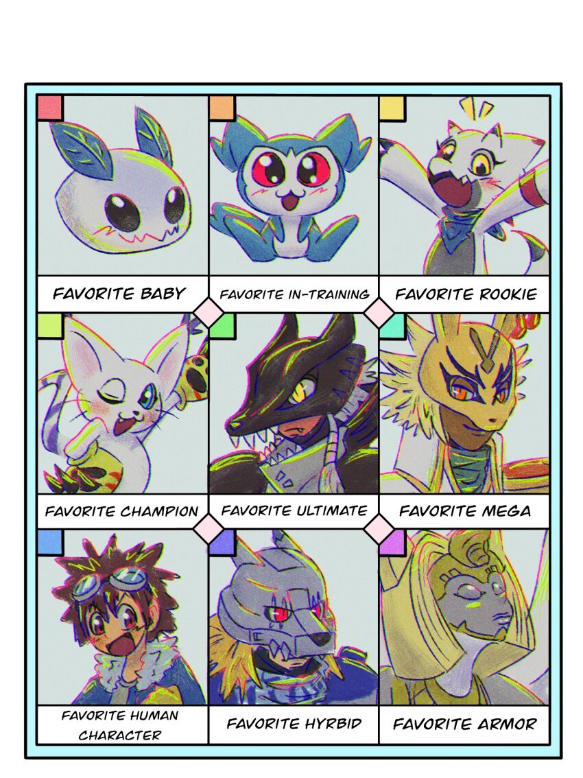 cerberumon cerberumon_werewolf_mode chibimon diarbbitmon digimon digimon_(creature) gammamon goggles goggles_on_head highres mask motomiya_daisuke nefertimon pupumon red_eyes tailmon wolfmon