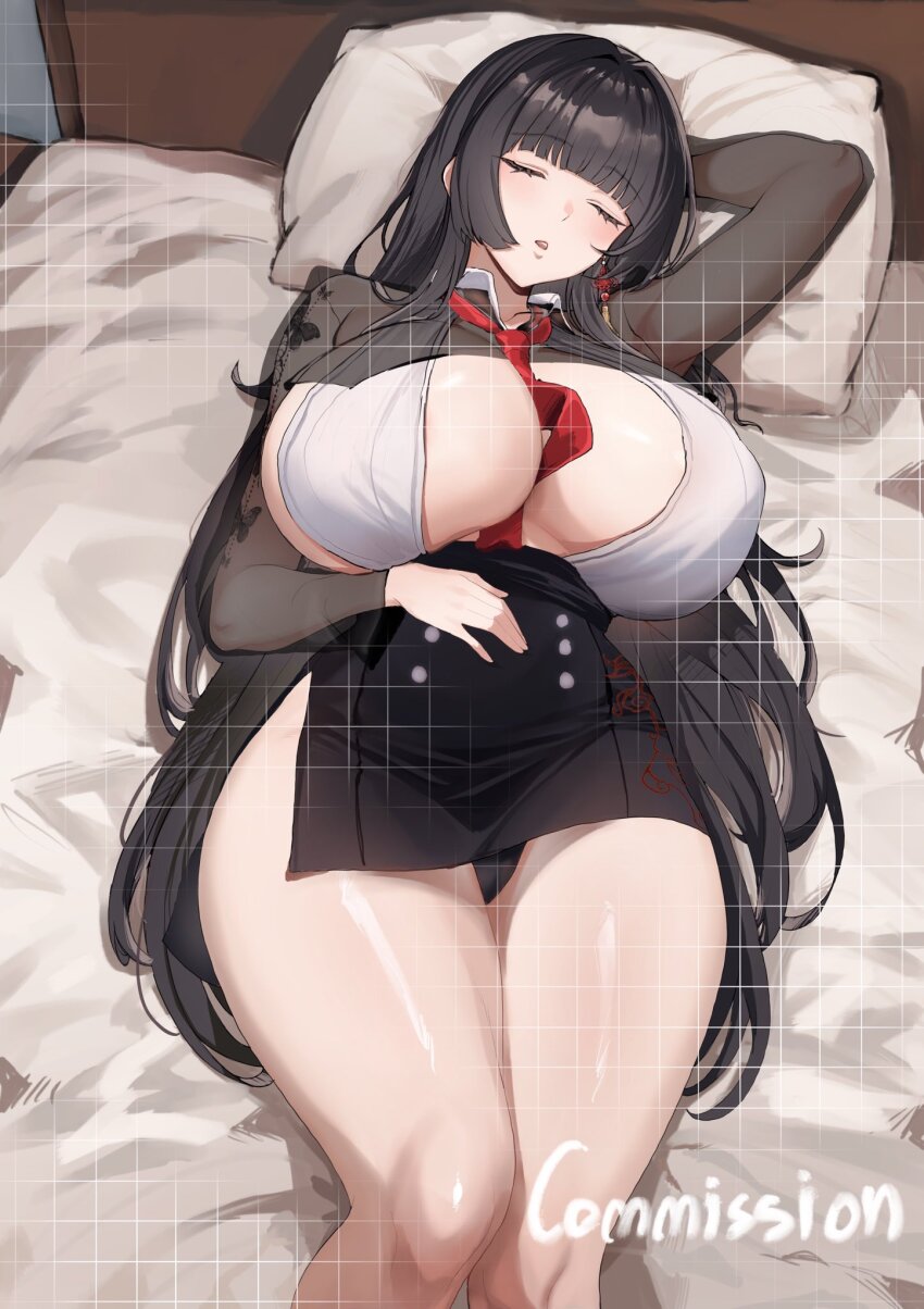 1girl areola_slip arm_behind_head bed bed_sheet black_hair black_panties breasts butterfly_tattoo closed_eyes commission dress earrings hand_on_own_stomach highres hime_cut huge_breasts jewelry long_hair long_sleeves lying necktie open_mouth original panties pantyshot pillow red_necktie riaz see-through_clothes see-through_sleeves sidelocks sleeping solo tattoo thighs underwear very_long_hair