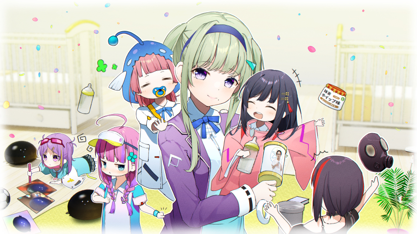6+girls =_= absurdres aged_down ahoge anglerfish_costume baby_bottle ball black_choker black_mask blonde_hair blue_eyes blue_headband blue_headwear blue_ribbon blue_shirt blunt_bangs blush bottle braid choker clothes_grab collared_shirt commentary date_akari fish_hat gas_mask goggles goggles_on_head hair_ornament hairclip headband heaven_burns_red highres holding holding_pencil holding_rattle indoors ishii_iroha jacket japanese_clothes kimono long_hair long_sleeves looking_at_viewer mask mask_pull mikoto_fubuki mizuhara_aina mouth_mask multicolored_hair multiple_girls murohushi_risa narvy_(heaven_burns_red) neck_ribbon necktie nikaidou_misato pacifier pencil pink_kimono pleated_skirt purple_eyes purple_hair purple_jacket rattle red_hair red_necktie ribbon rinki_oohen shirt short_hair sidelocks skirt soccer_ball sportswear streaked_hair team_31d_(heaven_burns_red) teeth tennis_uniform twin_braids twintails two-tone_hair unworn_mask upper_body upper_teeth_only visor_cap white_jacket white_shirt wide_sleeves wristband