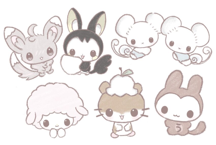 :3 animal_focus chibi chibi_only commentary corocorokuririn creature crossover emolga flying_squirrel gen_5_pokemon hamster highres mascot media_factory minccino mouse_(animal) my_sweet_piano natsu_nya_a nintendo no_humans onegai_my_melody pastel_colors pokemon pokemon_(creature) sanrio sheep simple_background solid_oval_eyes squirrel symbol-only_commentary tandemaus usaru-san white_background