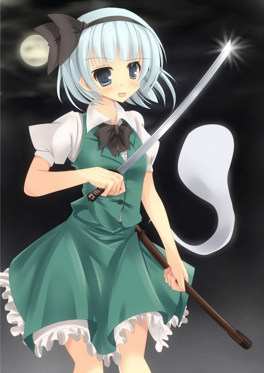 1girl black_bow black_bowtie black_hairband black_ribbon blunt_bangs blush bob_cut bow bowtie breasts collared_shirt commentary_request cookie_(touhou) eska_(cookie) feet_out_of_frame frilled_skirt frills full_moon glint green_skirt green_vest grey_eyes hair_ribbon hairband highres holding holding_sword holding_weapon katana konpaku_youmu konpaku_youmu_(ghost) looking_at_viewer moon open_mouth ribbon scabbard sheath shirt short_hair short_sleeves skirt skirt_set small_breasts smile solo sword szk touhou vest weapon white_hair white_shirt