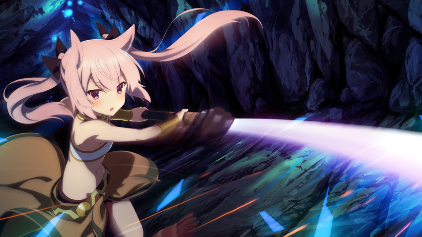 1girl bare_shoulders breasts brown_skirt cosplay dungeon_ni_deai_wo_motomeru_no_wa_machigatteiru_darou_ka game_cg hair_horns holding holding_sword holding_weapon long_hair looking_at_viewer mashiko_kaoru official_art ootachi parted_lips pink_hair purple_eyes sidelocks skirt slashing small_breasts solo stomach strapless sword tiona_hyryute tiona_hyryute_(cosplay) toji_no_miko toji_no_miko:_kizamishi_issen_no_tomoshibi tube_top twintails weapon white_tube_top
