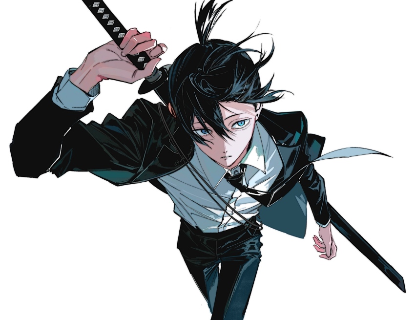 1boy aqua_eyes arm_up black_hair black_jacket black_necktie black_pants chainsaw_man collared_shirt earrings fingernails floating_hair hayakawa_aki highres holding holding_sword holding_weapon hrak_mumi jacket jewelry katana lapels layered_sleeves long_sleeves looking_to_the_side male_focus necktie notched_lapels open_clothes open_jacket pants parted_lips piercing shirt shirt_tucked_in short_hair solo stud_earrings sword sword_on_back teeth topknot weapon weapon_on_back wing_collar