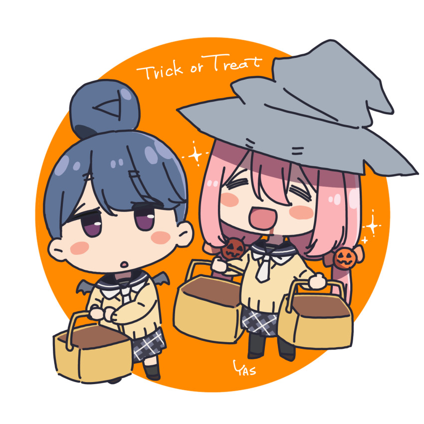 2girls :d :o basket black_pantyhose black_thighhighs blue_hair blue_sailor_collar blush_stickers chibi closed_eyes commentary drooling english_commentary eyebrows_visible_through_hat food-themed_hair_ornament grey_skirt hair_between_eyes hair_bun hair_ornament halloween hat highres holding holding_basket kagamihara_nadeshiko long_hair looking_at_viewer motosu_school_uniform multiple_girls open_mouth pantyhose pumpkin_hair_ornament purple_eyes sailor_collar school_uniform shima_rin simple_background skirt smile thighhighs trick_or_treat twintails witch_hat yas_(yosiyasuyasu) yellow_card yurucamp