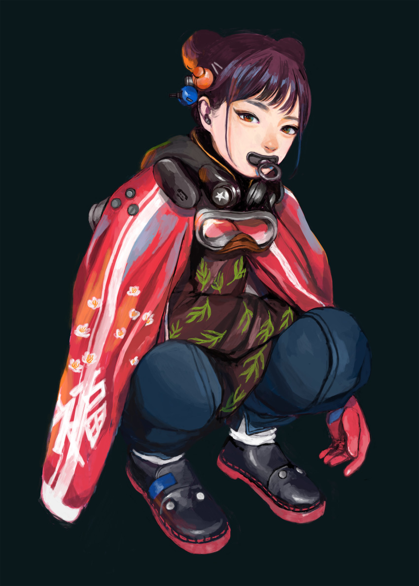 1girl absurdres boots double_bun earpiece gloves goggles goggles_around_neck hair_bun hair_ornament highres hood hood_down jacket jacket_on_shoulders junjunforever looking_at_viewer multicolored_hair orange_eyes original pacifier pants print_jacket print_shirt purple_hair shirt solo squatting
