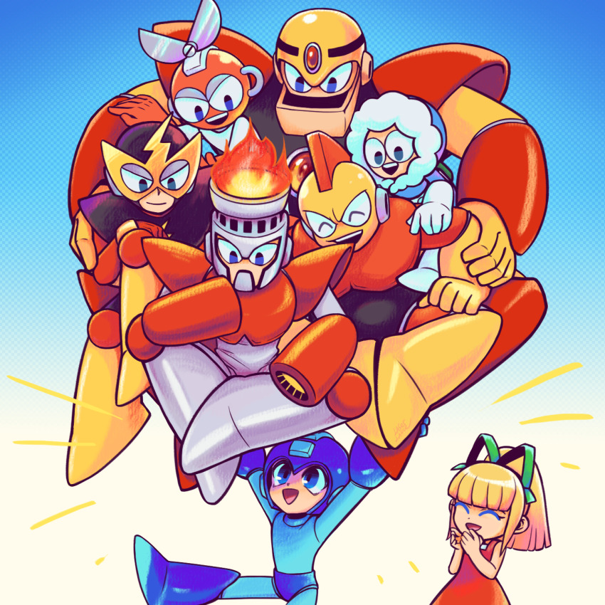 1girl 6+boys ^_^ blue_eyes blunt_bangs bomb_man closed_eyes closed_mouth cut_man elec_man fire_man green_ribbon guts_man hair_ribbon highres humanoid_robot ice_man laser-lance looking_at_another mega_man_(character) mega_man_(classic) mega_man_(series) mega_man_1 multiple_boys open_mouth ponytail ribbon robot roll_(mega_man) short_hair short_ponytail smile teeth upper_teeth_only
