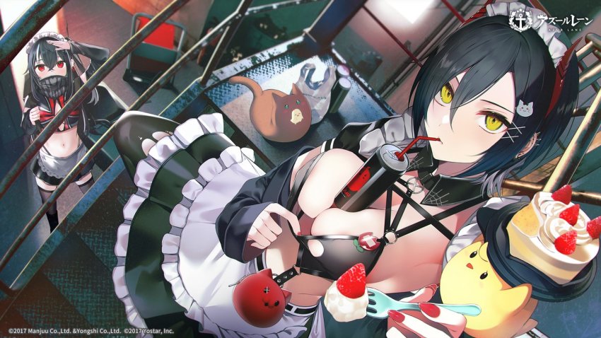 2girls apron azur_lane banned_artist between_breasts bikini black_hair black_skirt black_thighhighs breast_strap breasts brown_cat cake can cat_hair_ornament covered_mouth cross drinking_straw food frilled_apron frills from_above hair_between_eyes hair_ornament holding holding_can holding_tray horns iron_cross looking_at_viewer looking_up maid maid_bikini maid_headdress manjuu_(azur_lane) mechanical_horns medium_breasts meowfficer_(azur_lane) metal midriff multicolored_hair multiple_girls o-ring o-ring_top official_alternate_costume official_art pulling_own_clothes red_eyes red_horns scarf scarf_over_mouth short_hair skirt stairs streaked_hair swimsuit tetsubuta thighhighs tray two-tone_hair u-47_(azur_lane) u-47_(urban_maid)_(azur_lane) ulrich_von_hutten_(azur_lane) ulrich_von_hutten_(mayhem_maid)_(azur_lane) unconventional_maid waist_apron white_apron white_hair x_hair_ornament yellow_eyes zettai_ryouiki
