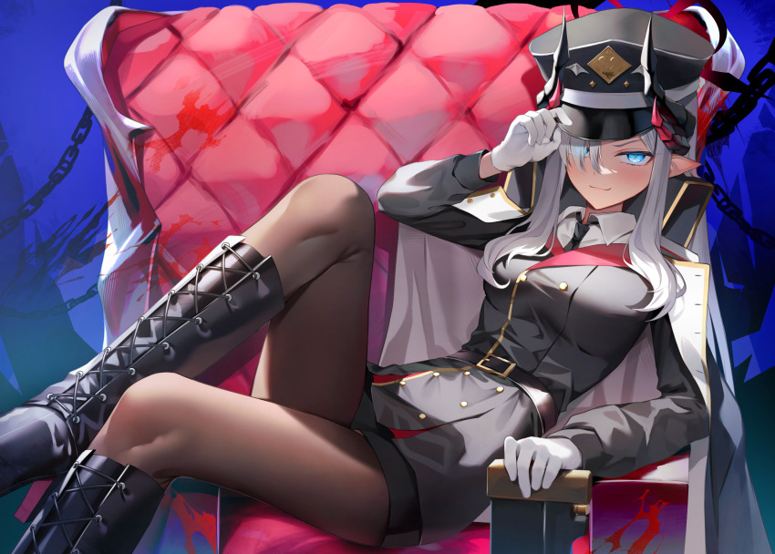 1girl black_boots black_hat blue_archive blue_eyes boots brown_pantyhose closed_mouth coat coat_on_shoulders collared_shirt commentary_request demon_horns gloves glowing glowing_eyes grey_hair hair_over_one_eye halo hat highres horns knee_boots knee_up lace-up_boots long_hair long_sleeves looking_at_viewer makoto_(blue_archive) multiple_horns pantyhose peaked_cap pointy_ears shirt shuvi_(shuvi1125) sitting smile solo white_gloves white_shirt