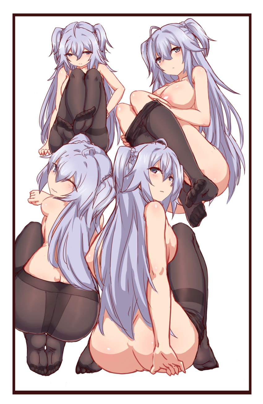 10s 1girl absurdres ass black_pantyhose breasts crotch_seam feet female_focus gakusen_toshi_asterisk highres hip_focus hu_sea large_breasts long_hair looking_at_viewer nipples no_shoes one_eye_closed pantyhose puffy_nipples purple_eyes purple_hair pussy soles solo toes toudou_kirin uncensored very_long_hair