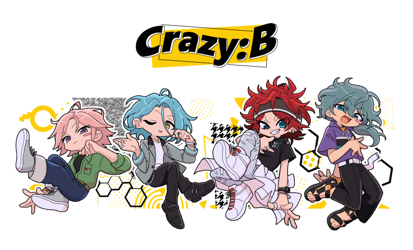 0000972 4boys ;d amagi_rinne arm_behind_back bishounen black_footwear black_pants blush_stickers bracelet clothes_around_waist crazy_b_(ensemble_stars!) crossed_legs deformed denim dot_nose dress_shoes ensemble_stars! floating full_body green_shirt grey_footwear grey_jacket grin group_name hairband hand_on_own_chin happy highres himeru_(ensemble_stars!) invisible_chair jacket jeans jewelry knee_up light_smile looking_at_viewer male_focus multiple_boys one_eye_closed open_mouth oukawa_kohaku outline outside_border pants ring sandals shiina_niki shiina_niki_(casual_spring-summer) shirt shoes single_blush_sticker sitting smile sneakers split_mouth t-shirt triangle_mouth uneven_eyes watch wavy_mouth white_background white_footwear white_outline wristwatch