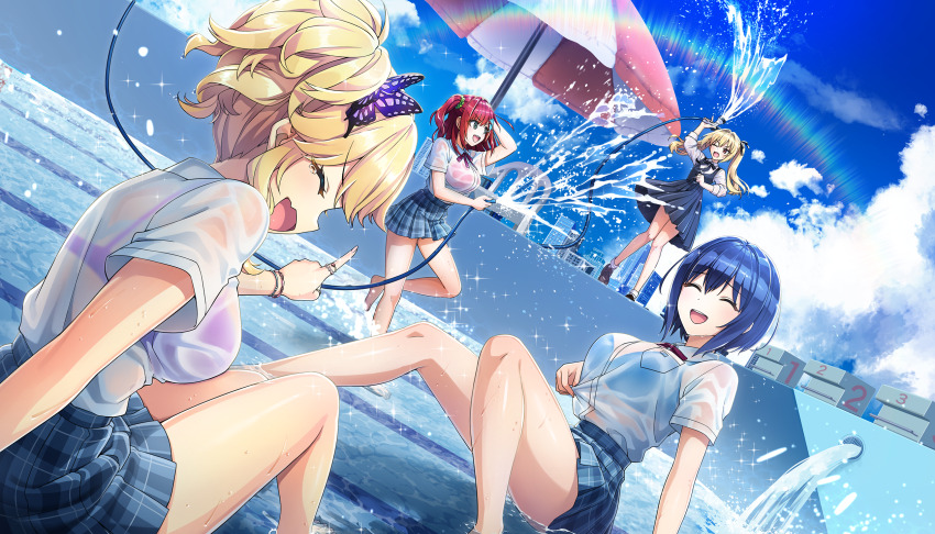 4girls ;o ^_^ barefoot black_dress black_ribbon blonde_hair blue_bra blue_hair blue_skirt bra bra_visible_through_clothes butterfly_hair_ornament closed_eyes dolphin_hair_ornament dolphin_wave dress game_cg green_eyes green_scrunchie hair_intakes hair_ornament hair_ribbon hair_scrunchie highres holding holding_hose hose izumi_kiri kazami_ellen long_hair multiple_girls non-web_source official_art one_eye_closed ootomo_takuji outdoors parasol partially_submerged pink_bra plaid_clothes plaid_skirt pool purple_bra red_bra red_hair ribbon sakimiya_iruka school_uniform scrunchie see-through_clothes shirt short_hair short_sleeves side_ponytail sitting skirt tojou_michiru twintails umbrella underwear wet wet_clothes wet_shirt white_shirt