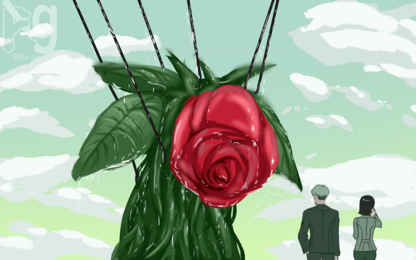 1boy 1girl artist_name biollante black_hair challia_bull cloud cloudy_sky commentary_request comoli_harcourt flower fuurin_(furiguri) godzilla_(series) godzilla_vs._biollante grey_hair gundam gundam_gquuuuuux is_this_the_rose_of_sharon?_(meme) kaiju leaf meme oversized_plant red_flower red_rose rose scene_reference short_hair sky water wet