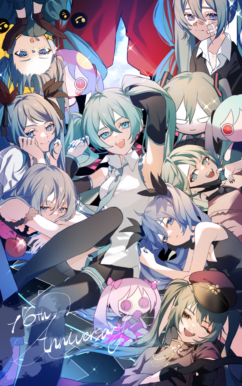 6+girls :d :o :| absurdres aimaina anniversary apple aqua_eyes aqua_hair bandaid bandaid_on_face bandaid_on_nose bare_shoulders black_bow black_dress black_gloves black_skirt black_sweater black_thighhighs blue_eyes blue_hair blue_jacket blue_necktie bow closed_mouth collared_jacket collared_shirt commentary_request covered_mouth doushite-chan dress expressionless food forehead fruit gauze gauze_on_cheek gloves green_hair grey_eyes hair_bow hands_framing_own_cheeks hands_on_own_cheeks hands_on_own_face hands_up hat hatsune_miku hatsune_miku_(ichi_no_sakura_oka) highres jacket knee_up long_hair looking_at_viewer lying matryoshka_(vocaloid) military_hat military_uniform multiple_girls multiple_persona necktie nightgown off-shoulder_dress off_shoulder on_side on_stomach open_mouth peaked_cap pink_nightgown pink_shirt pleated_skirt purple_headwear rolling_girl_(vocaloid) romeo_to_cinderella_(vocaloid) school_uniform senbonzakura_(vocaloid) shinkai_shoujo_(vocaloid) shirt skirt sleeveless sleeveless_dress sleeveless_shirt smile sweater teeth thighhighs twintails un_known9999 upper_teeth_only upside-down v-neck vampire_(vocaloid) very_long_hair vocaloid white_dress white_shirt world_is_mine_(vocaloid)