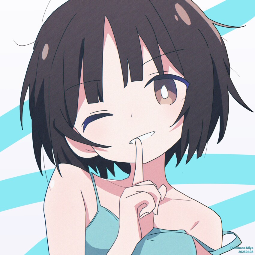 1girl amagami aqua_background aqua_camisole bare_shoulders black201_wav bob_cut bright_pupils brown_eyes brown_hair camisole character_name close-up collarbone commentary dated finger_to_mouth hand_to_own_mouth head_tilt highres index_finger_raised looking_at_viewer loose_hair_strand messy_hair one_eye_closed portrait short_hair shushing solo straight-on strap_slip tachibana_miya two-tone_background white_background white_pupils