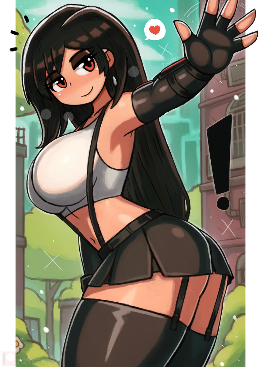 ! 1girl absurdres ass belt black_belt black_gloves black_hair black_shorts black_thighhighs blush breasts building bush cloud collarbone earrings final_fantasy final_fantasy_vii fingerless_gloves flower from_behind gloves heart highres jewelry large_breasts long_hair looking_at_viewer looking_back midriff navel red_eyes shirt shorts sky smile sparkle speech_bubble spoken_heart square_enix standing suspender_shorts suspenders tank_top thick_thighs thighhighs thighs tifa_lockhart tony_welt tree waving white_flower white_shirt wide_hips